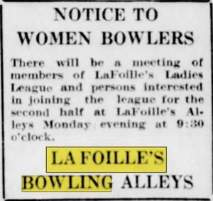 LaFoilles Bowling Alleys - Feb 1942 Ad Womens Bowling (newer photo)